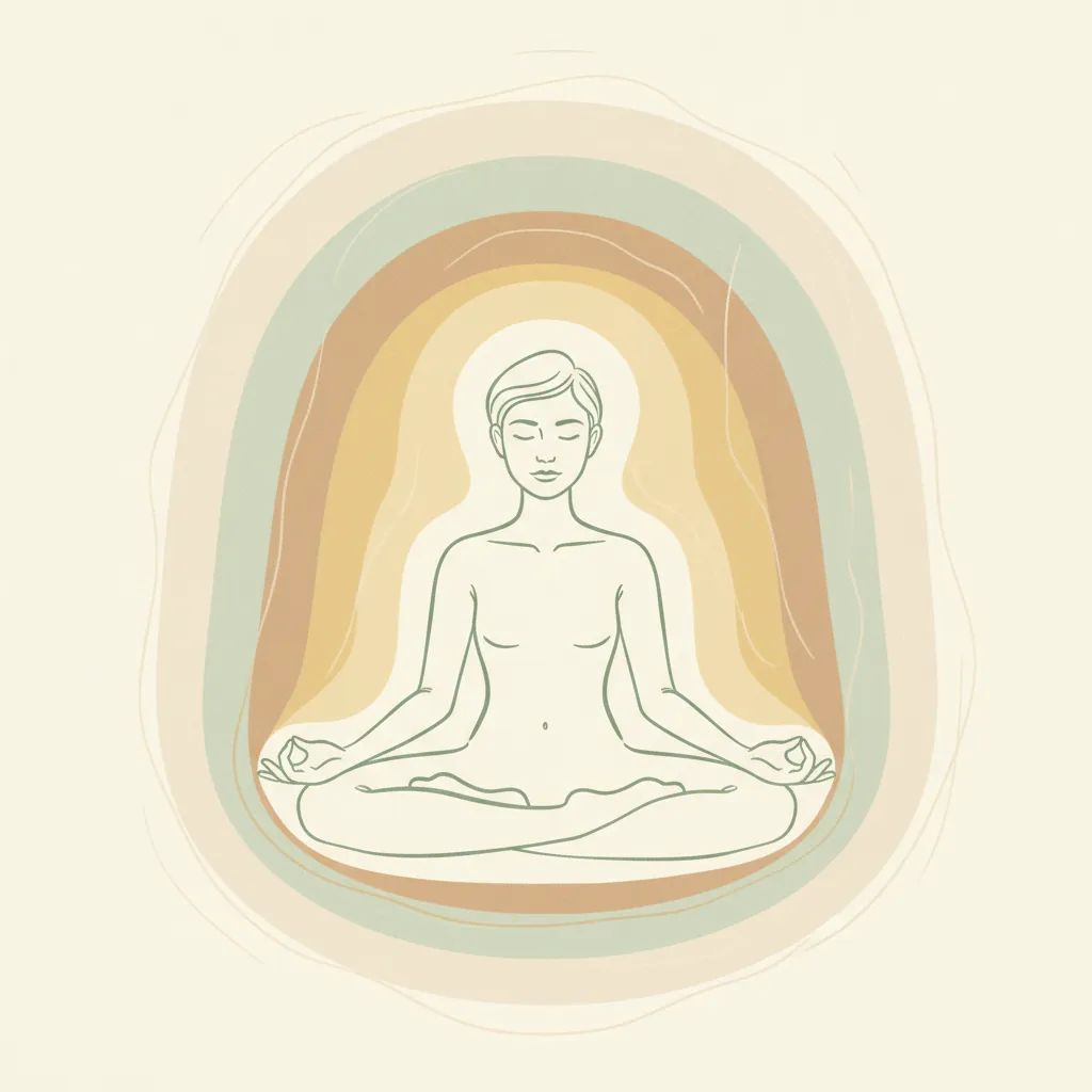 Illustration of a figure surrounded by five soft layers of light