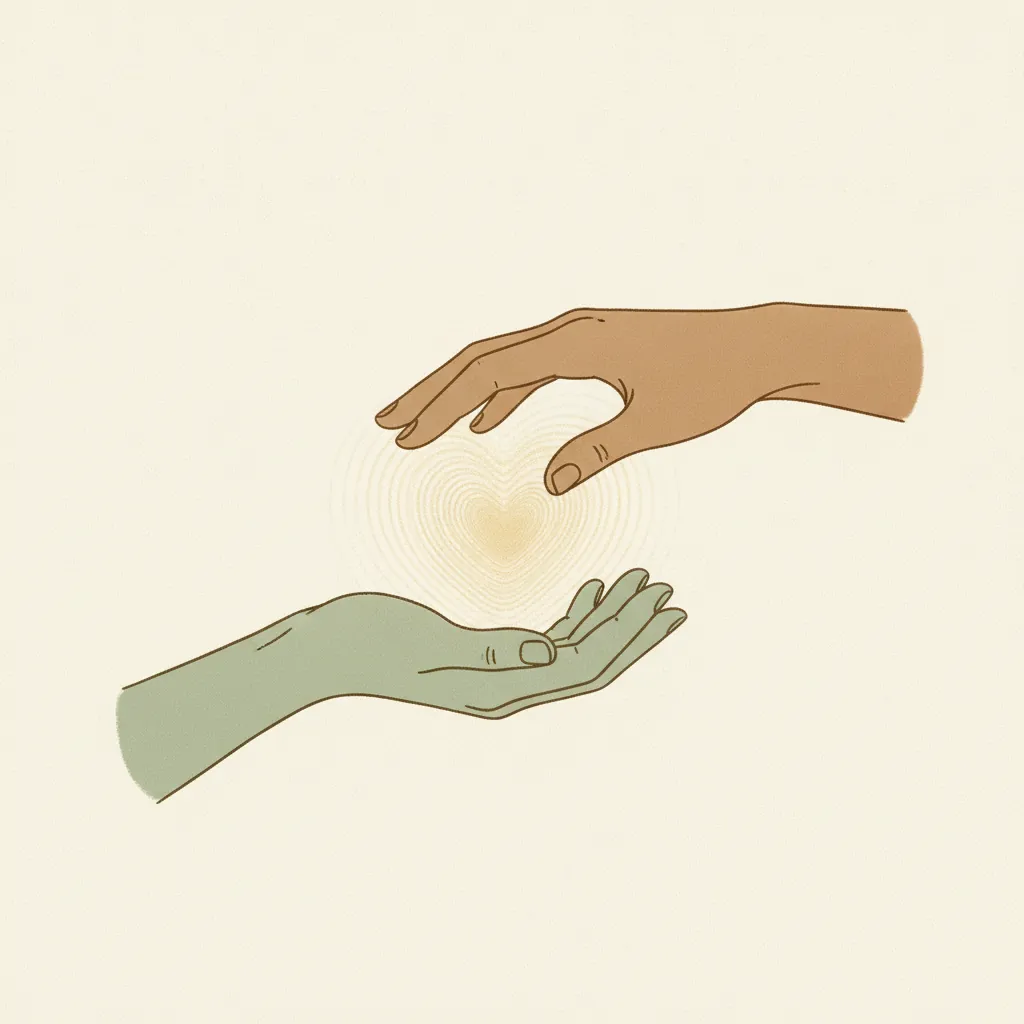 Illustration of two gentle hands and a soft warm glow