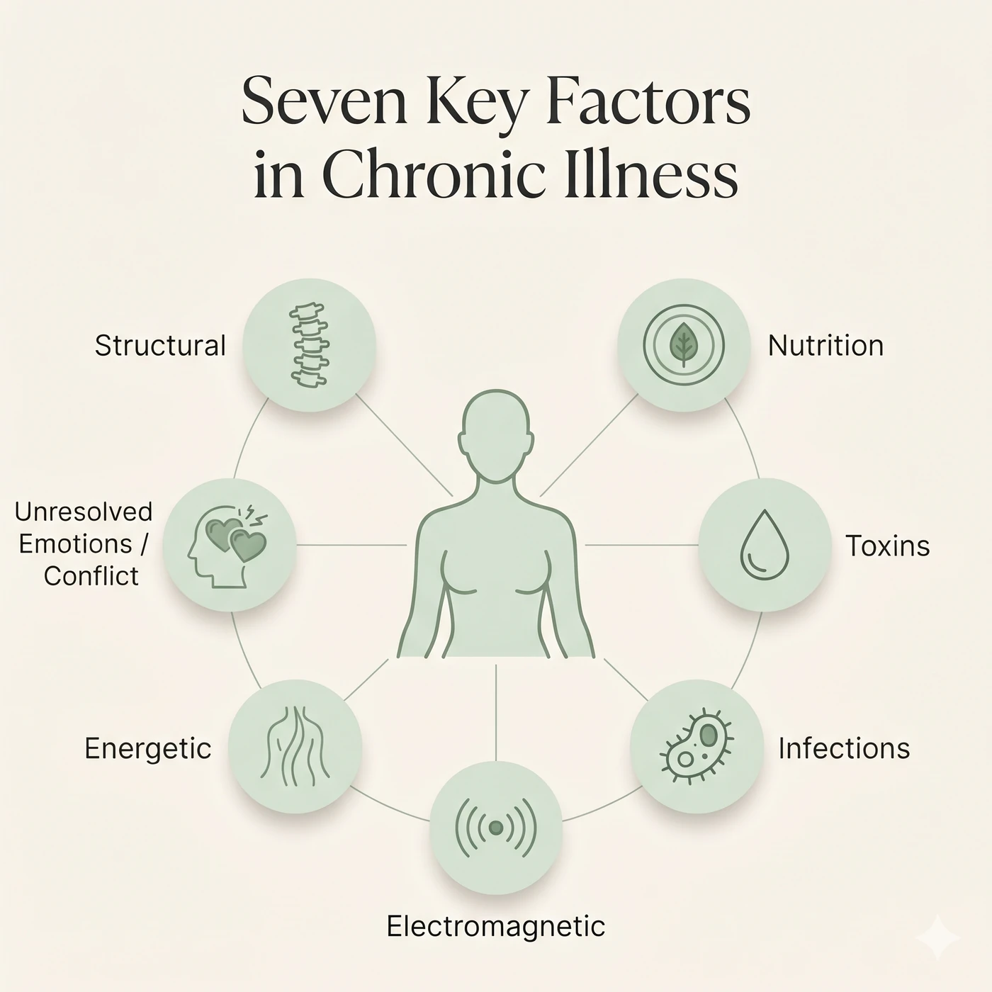 Seven Key Factors in Chronic Illness arranged around a central figure — Structural, Nutrition, Toxins, Infections, Electromagnetic, Energetic, and Unresolved Emotions / Conflict
